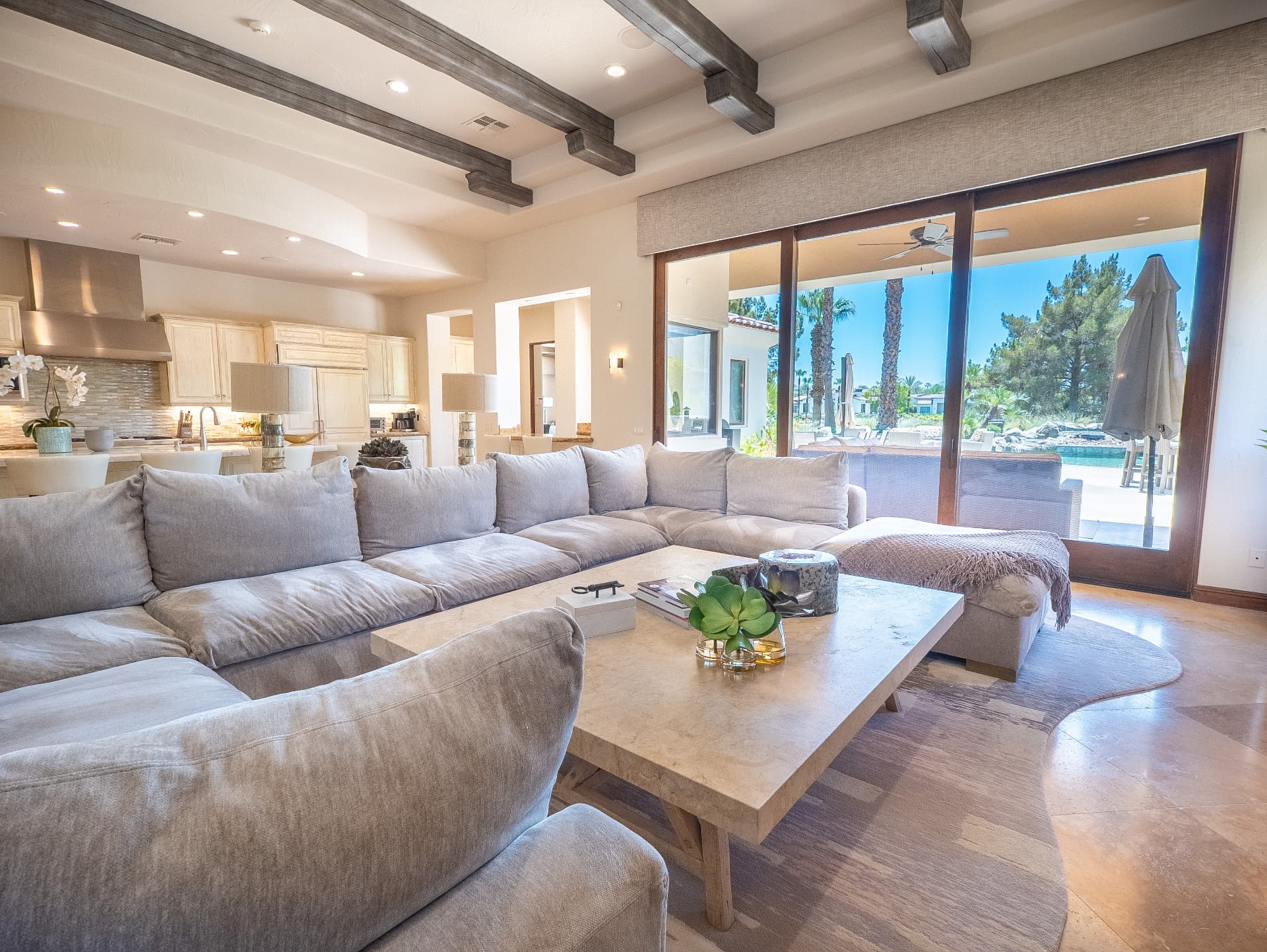 Great room with soaring ceilings and glass walls