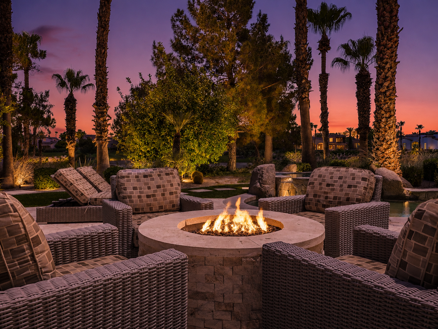 Fire pit lounge surrounded by wicker seating and palms at sunset